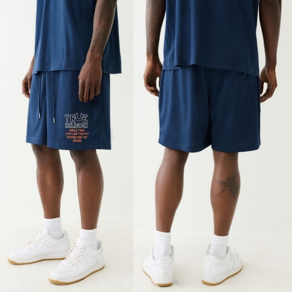 NWT True Religion "Embroidered Jersey Mesh Sweat Shorts" Navy Blue | Men's 3XL - Picture 3 of 13